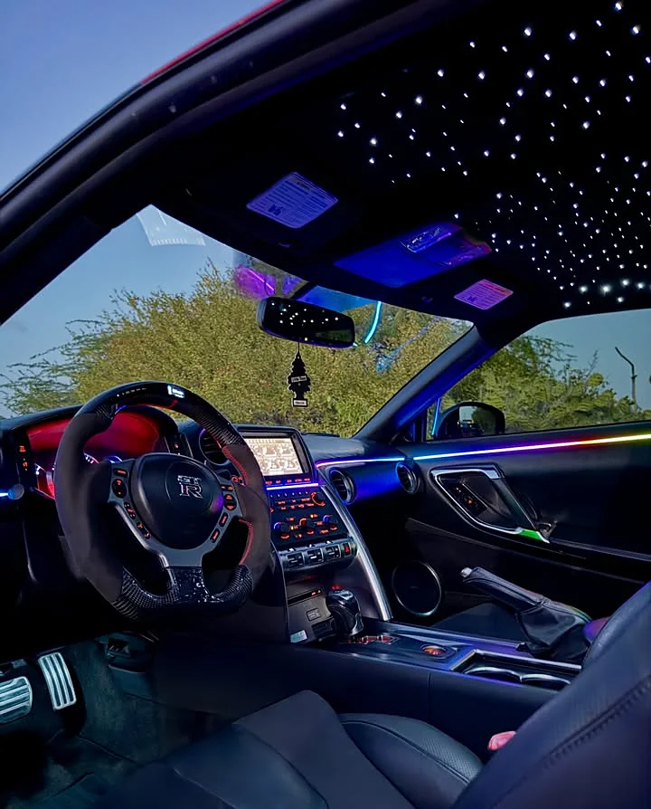 Nissan GTR R35 interior — starlight headliner and RGB ambient lighting
